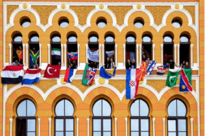 This photos shows different flags of the students’ countries who are attending the United World College in Mostar.